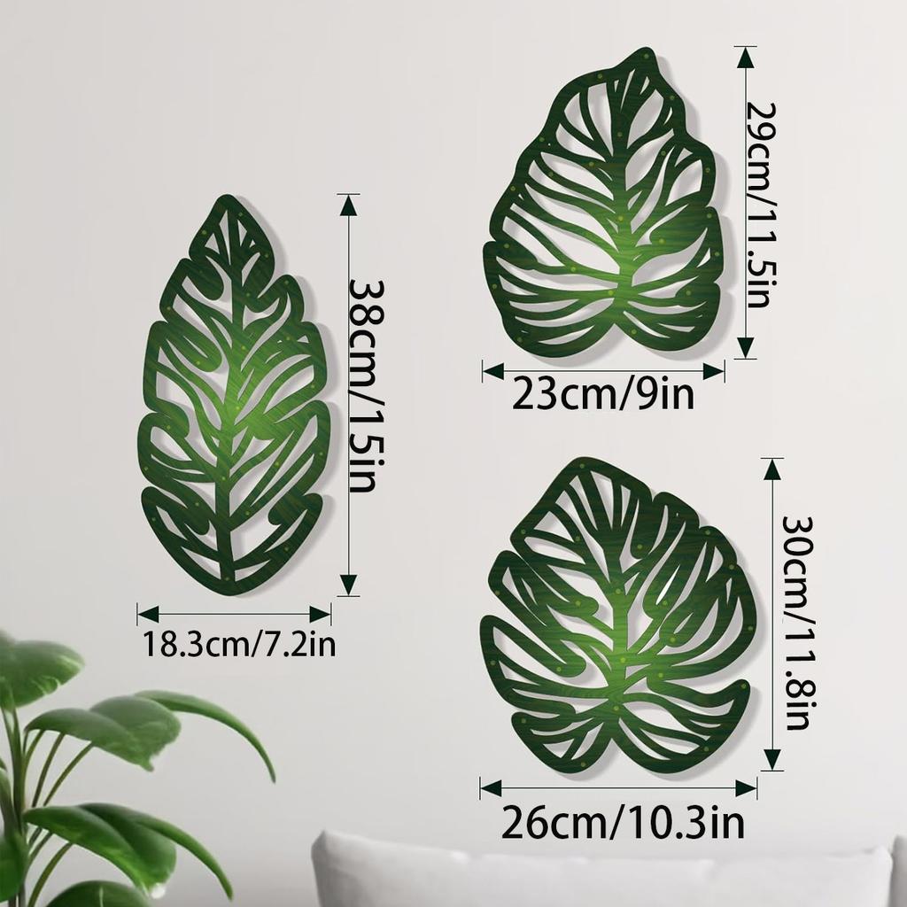 3pcs DIY Wooden Palm Leaves Wall Art Vintage Green Leaf Plant Decor Hanging Accents for Home Bathroom Office