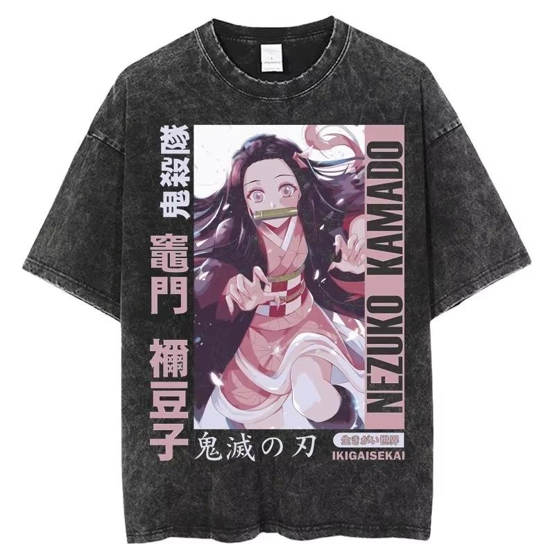 Summer New Vintage Wash Demon Slayer Anime Graphic T Shirt Nezuko Print Men  Cotton Short Sleeve Top Streetwear Casual Tops