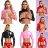 Women's Patent Leather Long Sleeve Crop Top Tee Shirts Party Club Clubwear