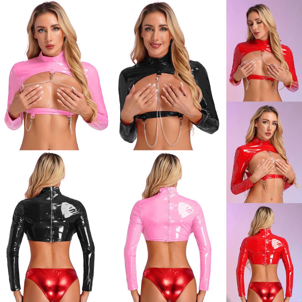 Women's Patent Leather Long Sleeve Crop Top Tee Shirts Party Club Clubwear