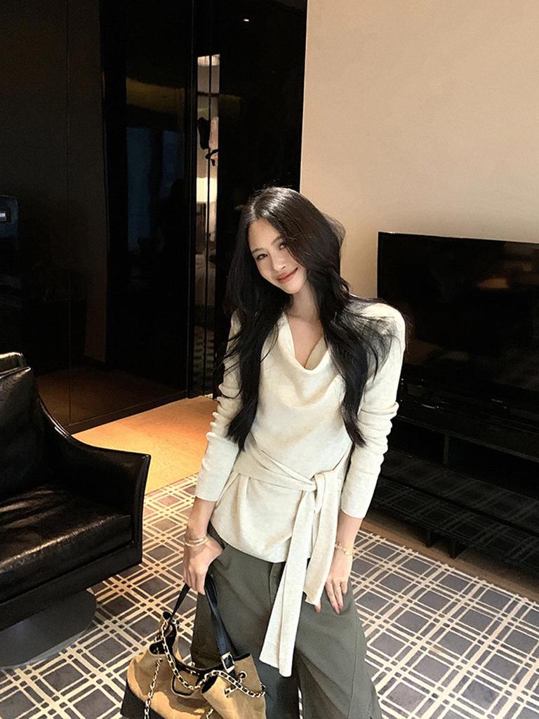 Korean Lace-Up Oatmeal Long-Sleeve Women's Top for Spring/Autumn - New Arrival Casual Slimming Fit