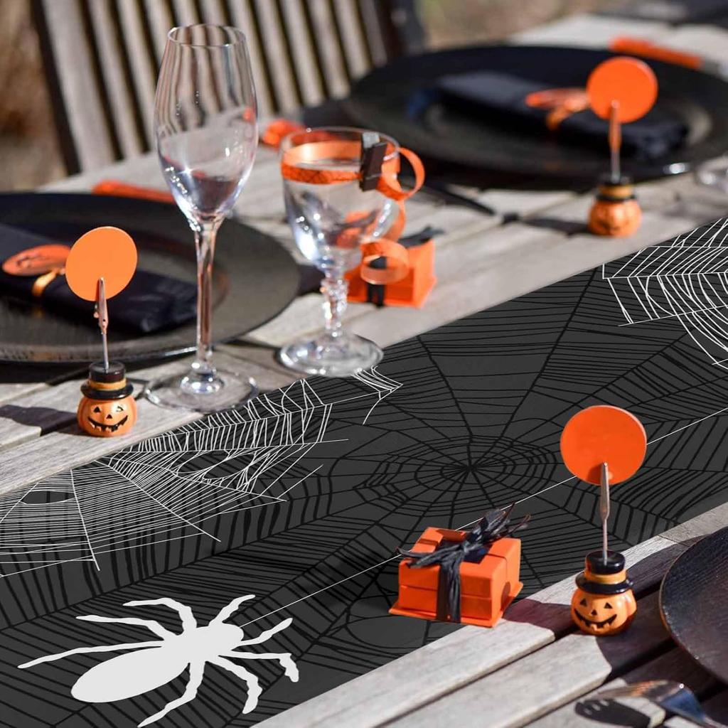 Halloween Linen Table Runner,Spiders Spiderweb Texture Dresser Scarf Kitchen Dinning Tabletop Covers Decor for Indoor Outdoor Party Holiday Wedding