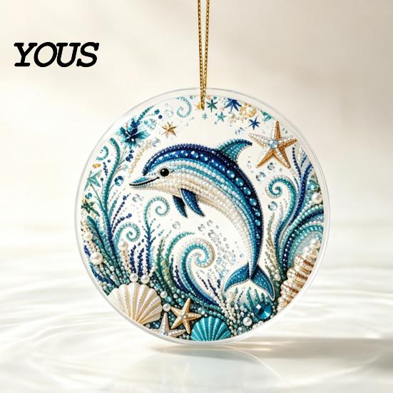 Transparent Sea Animal Pendants Ocean Theme Pearl Art Hanging Ornament, 2D Flat Acrylic Coastal Unique Gifts for Lovers Life Suncatcher, Beaded