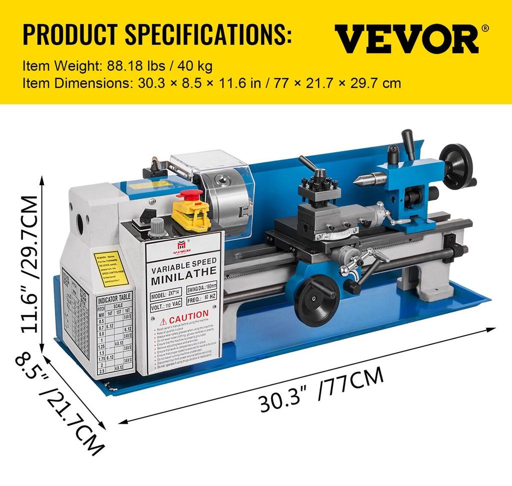 Mini Metal Lathe 550W Variable Speed Metal Lathe 50 to 2500Rpm Precision Mini Benchtop Lathe 7x14 Inch for Mini Precision Parts Processing Sample