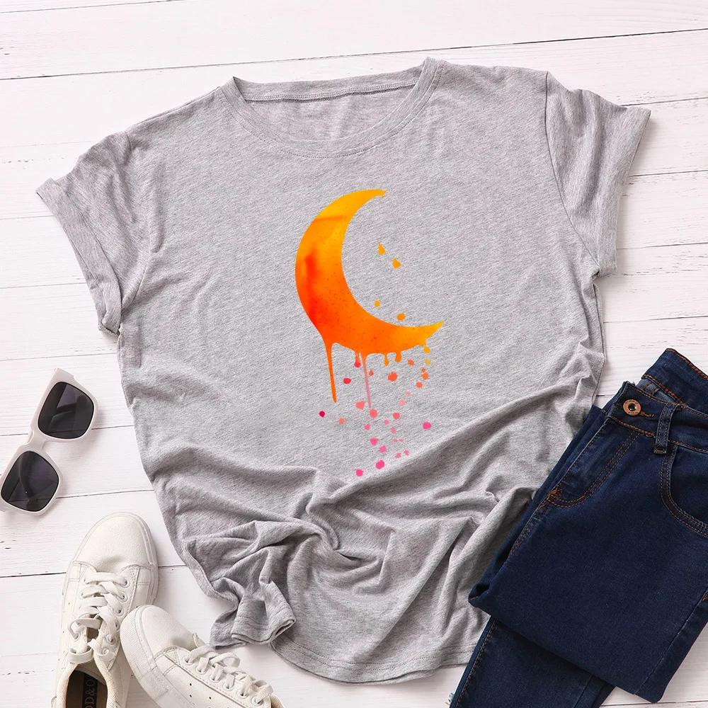 Orange Moon Print T Shirt Women Short Sleeve O Neck Loose Tshirt Summer Women Tee Shirt Tops Camisetas Mujer