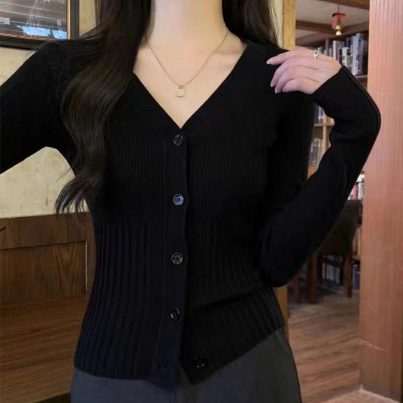 Slim-fit Solid-color Knitted Bottoming Shirt Women's Spring and Autumn Shoulder Sweater Cardigan with Temperament and Thin Top