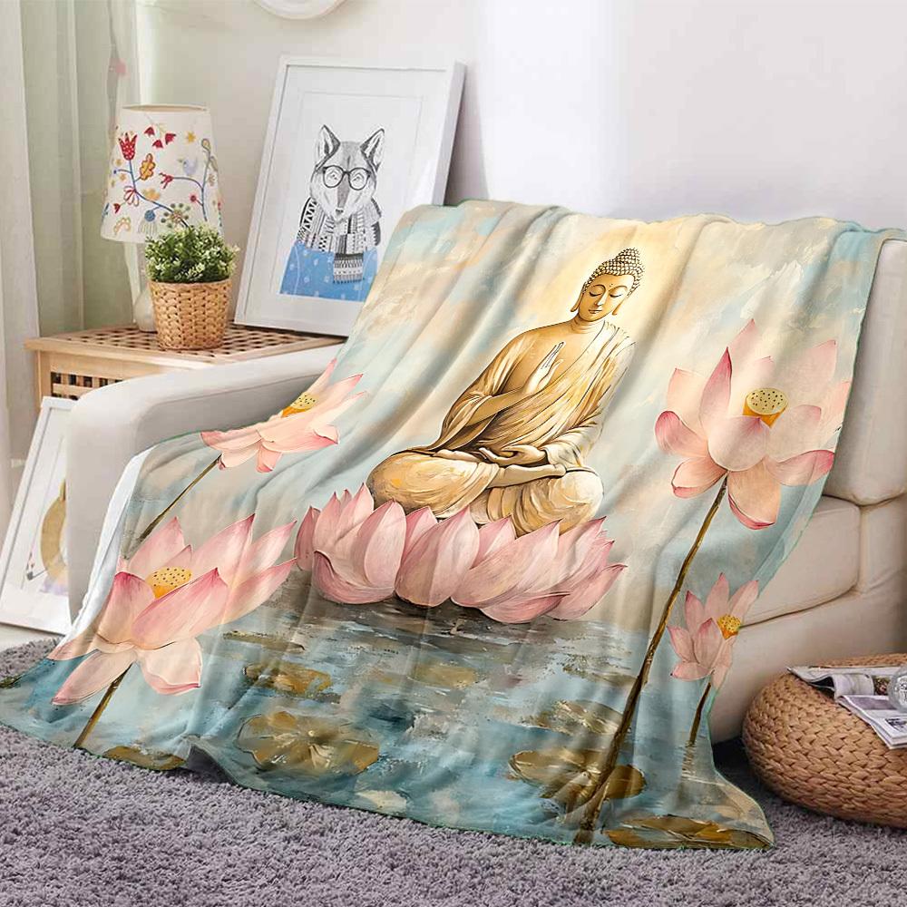 1pc Buddha Lotus Blanket, Lightweight Flannel Throw Blanket For Sofa, Bed, Travel, Camping, Living Room, Office, Couch, Chair, And Bed
