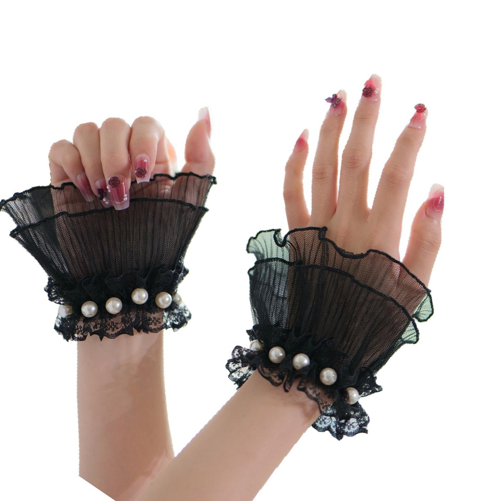 

Adjustable Chiffon Arm Sleeves Wrist Cuffs With Pearls Decors Elastic Ruffle Lace Hand Sleeves Cuffs For Party Outfit чёрный