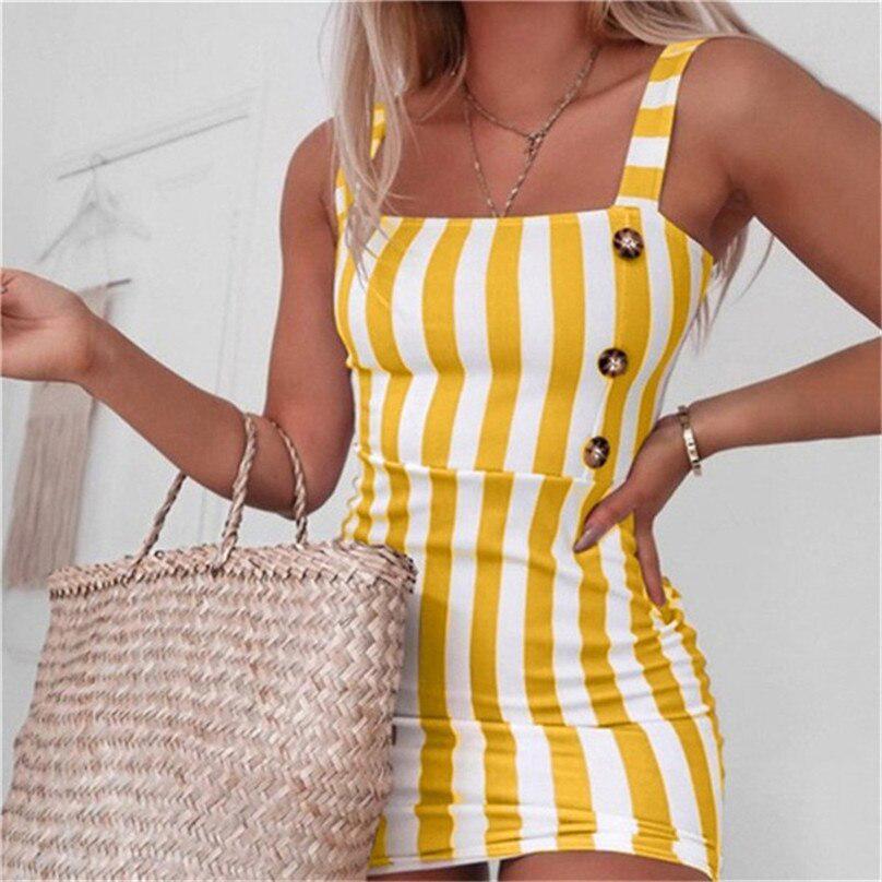 Sommer Sexy Frühling und Sommer Damen Retro Vertikal Gestreiftes Mini Charmantes Knopf Camisole Träger Sling Kleid