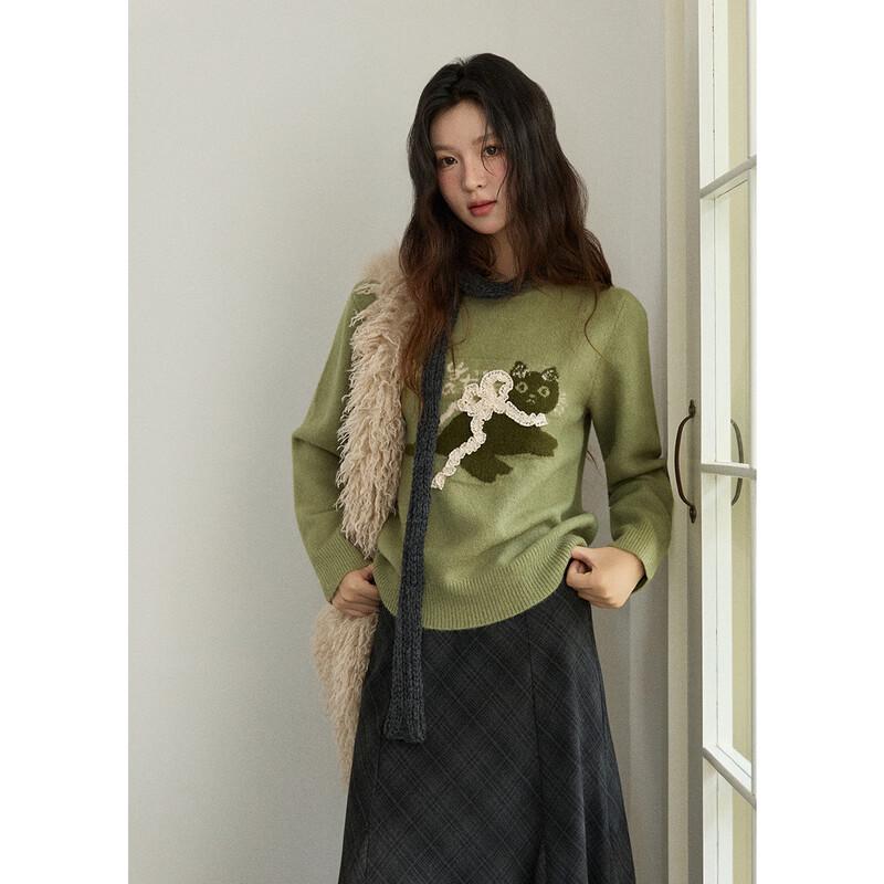 

Relaxed Fit Cat Jacquard Knit Sweater with 3D Bowknot L