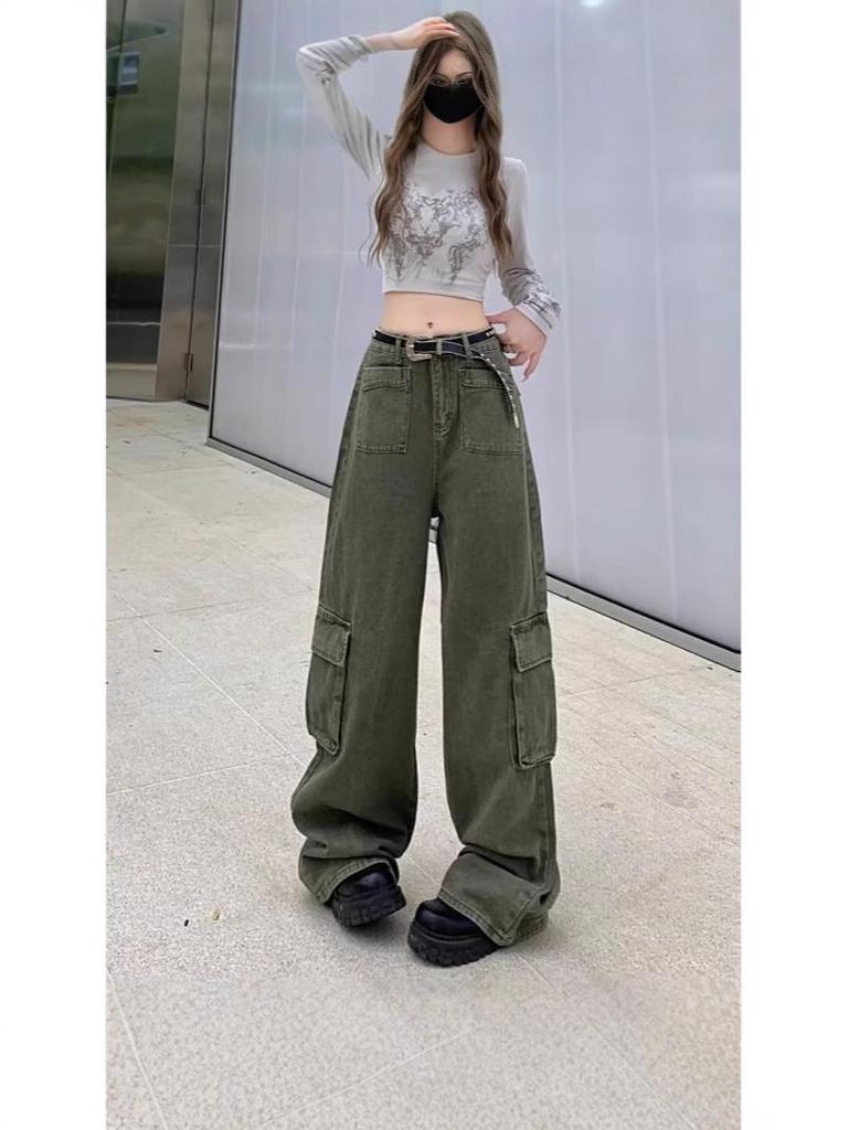 Women's Plus Size High Waist Wide Leg Military Green Denim Pants