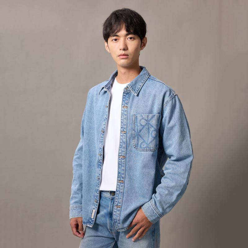 Calvin Klein Vintage Logo Patch Pocket Cotton Denim Shirt Men shirts 4RD747G