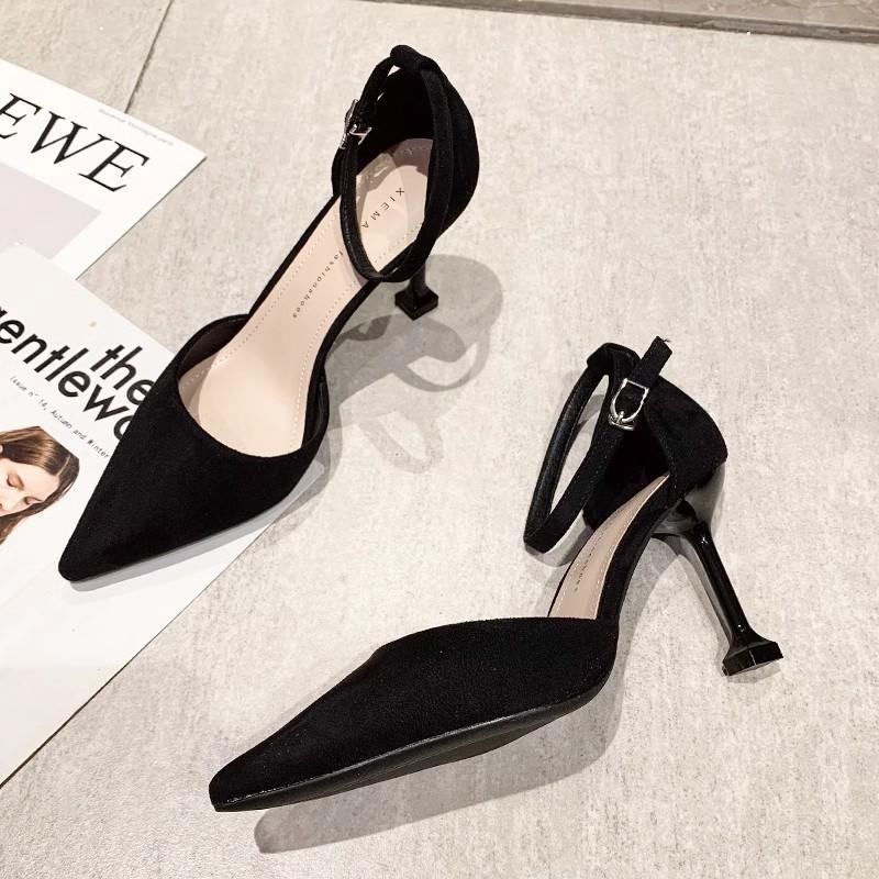 High Heels Women's Stiletto 2024 New Summer Black Professional One-word Buckle Sandals Women's Pointed Work Shoes