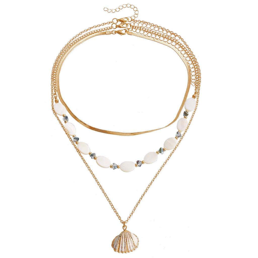 Ocean Wind Shell Multi-layer Stacked Necklace, Retro Vacation Oval Fritillary Beaded Necklace