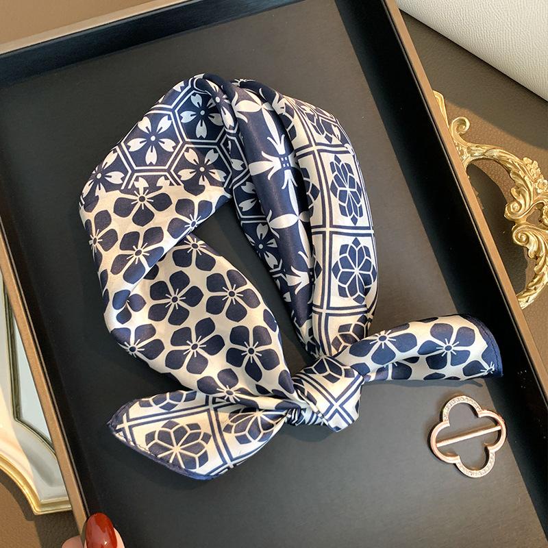 Blue Cherry Blossom Chessboard 100% Mulberry Silk Scarf Women s Light Luxury Premium Silk Decorative Scarf Square Scarf Head Scarf 53*53cm