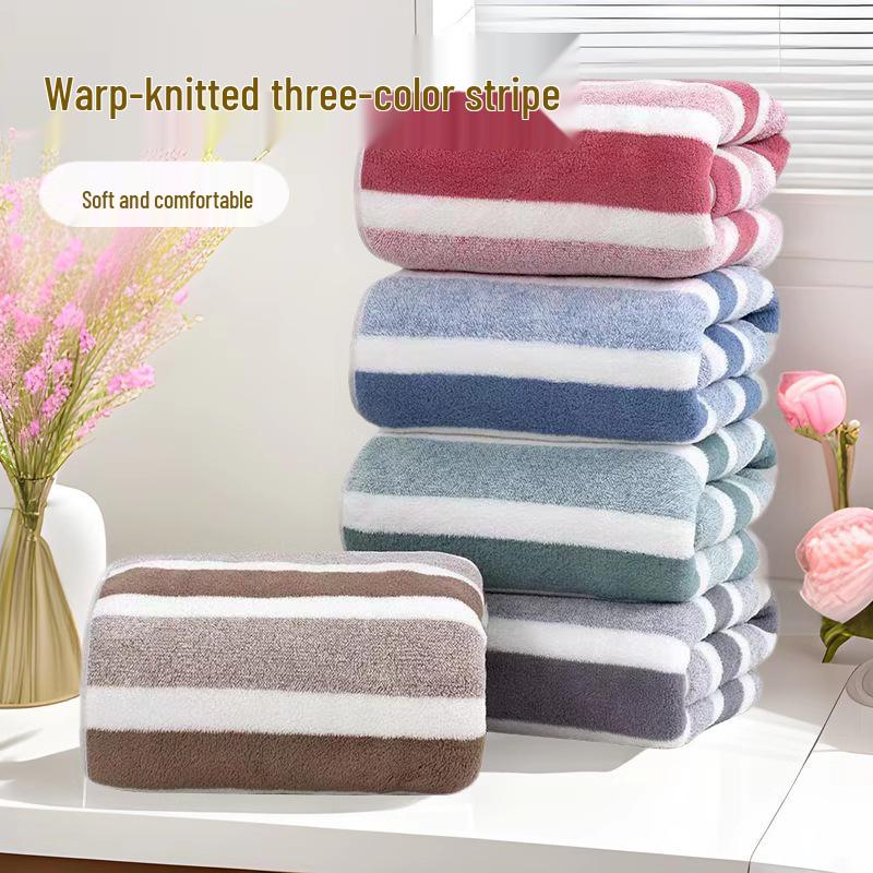 Extra Large Absorbent Coral Fleece Bath Towel with Wide Stripes