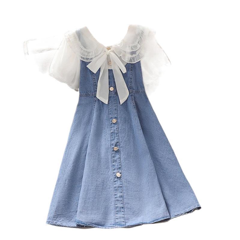 Mädchen Mode Kleid 2025 Sommer Kinder Casual Patchwork Gefälschte Zwei