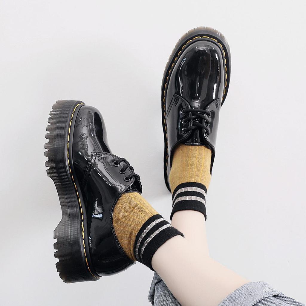 thick-soled 3-hole small leather shoes women's low-top, genuine leather mirror round head patent leather student muffin bottom short boots