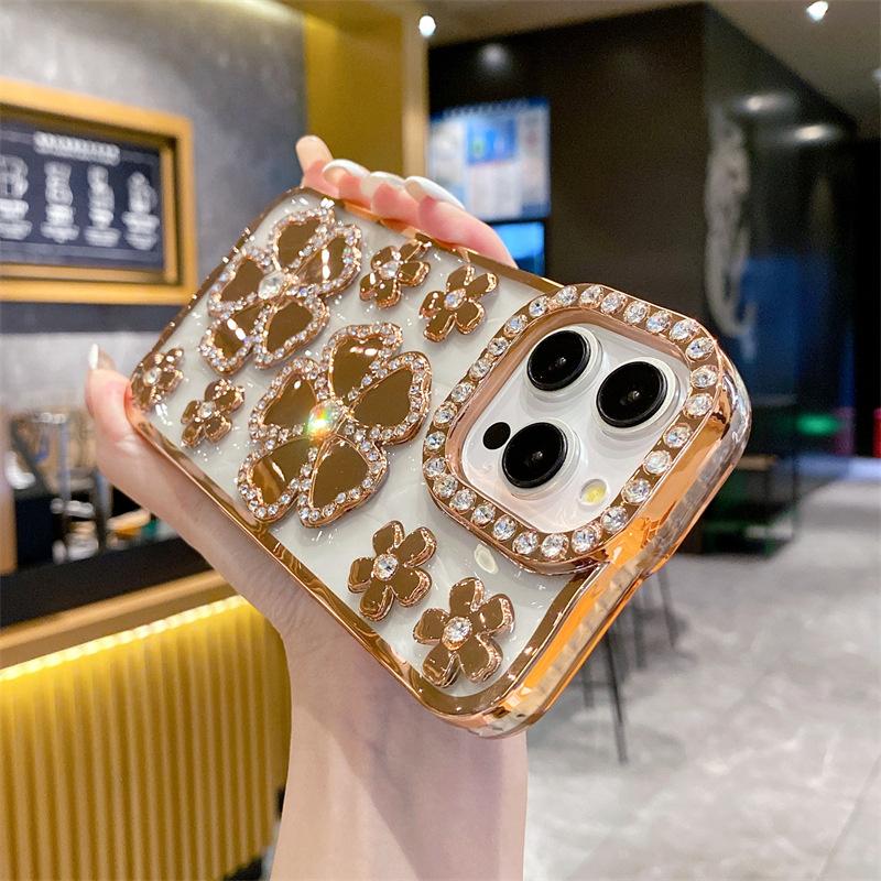

Для iPhone 15 Pro Max чехол со стразами и цветами гальваническое покрытие TPU чехол для телефона Gold