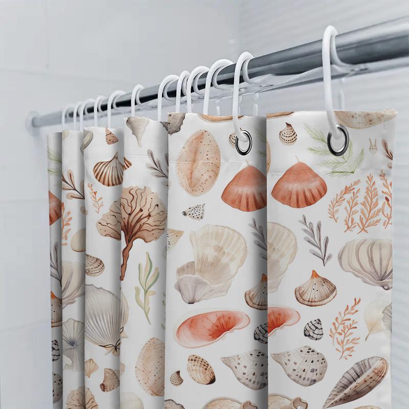 Seashell Print Shower Curtain Waterproof Bathroom Decor Wall Hanging With Various Colors Shell Pattern White