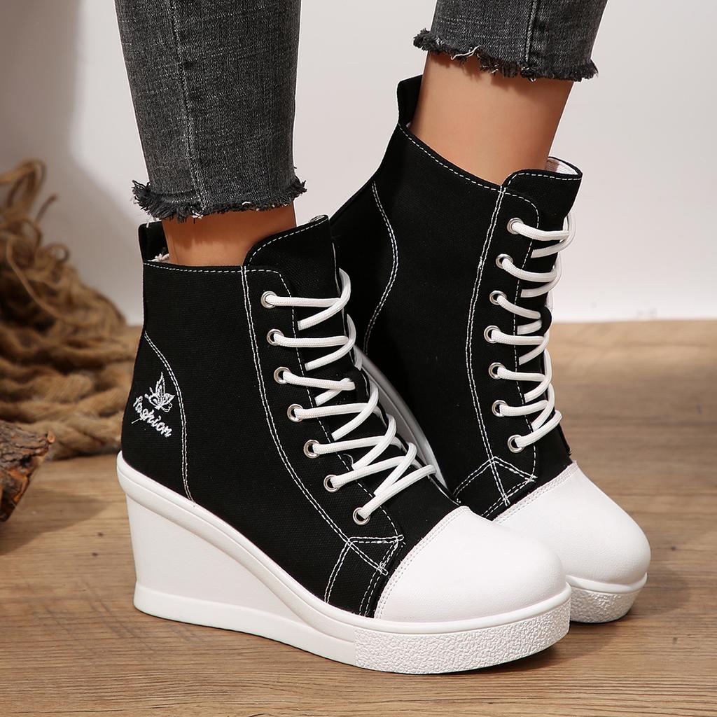 Sexy Leopard Wedge Heel Lace Up Canvas Shoes Women 2025 Autumn Round Toe Medium Heel Shoes Thick Bottom Ankle Boots