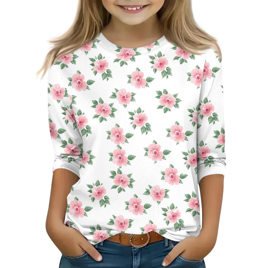 Print Tops For Youth Girls 5-16 Years Round Neck 3/4 Sleeves T-Shirts Trendy Tops Outfit Tees