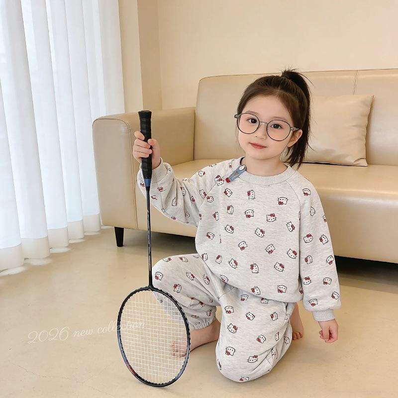 Ensemble Sweat à Capuche et Jogging Fille Imprimé Chat Mignon - Mode Dessin Animé, Col Rond, Tenue Deux Pièces