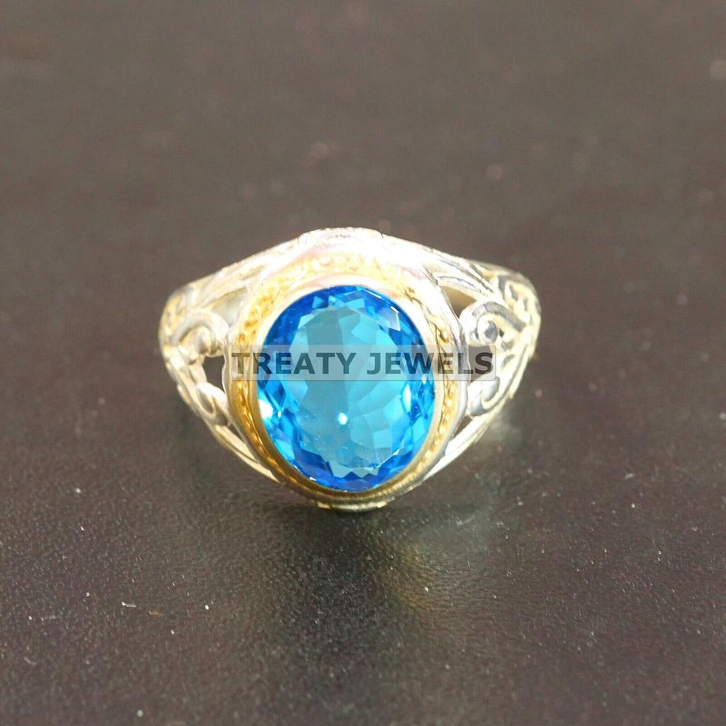 Blue Topaz Oval Cut Gemstone With 925 Sterling Silver Ring For Men's #A886 JL375669038121