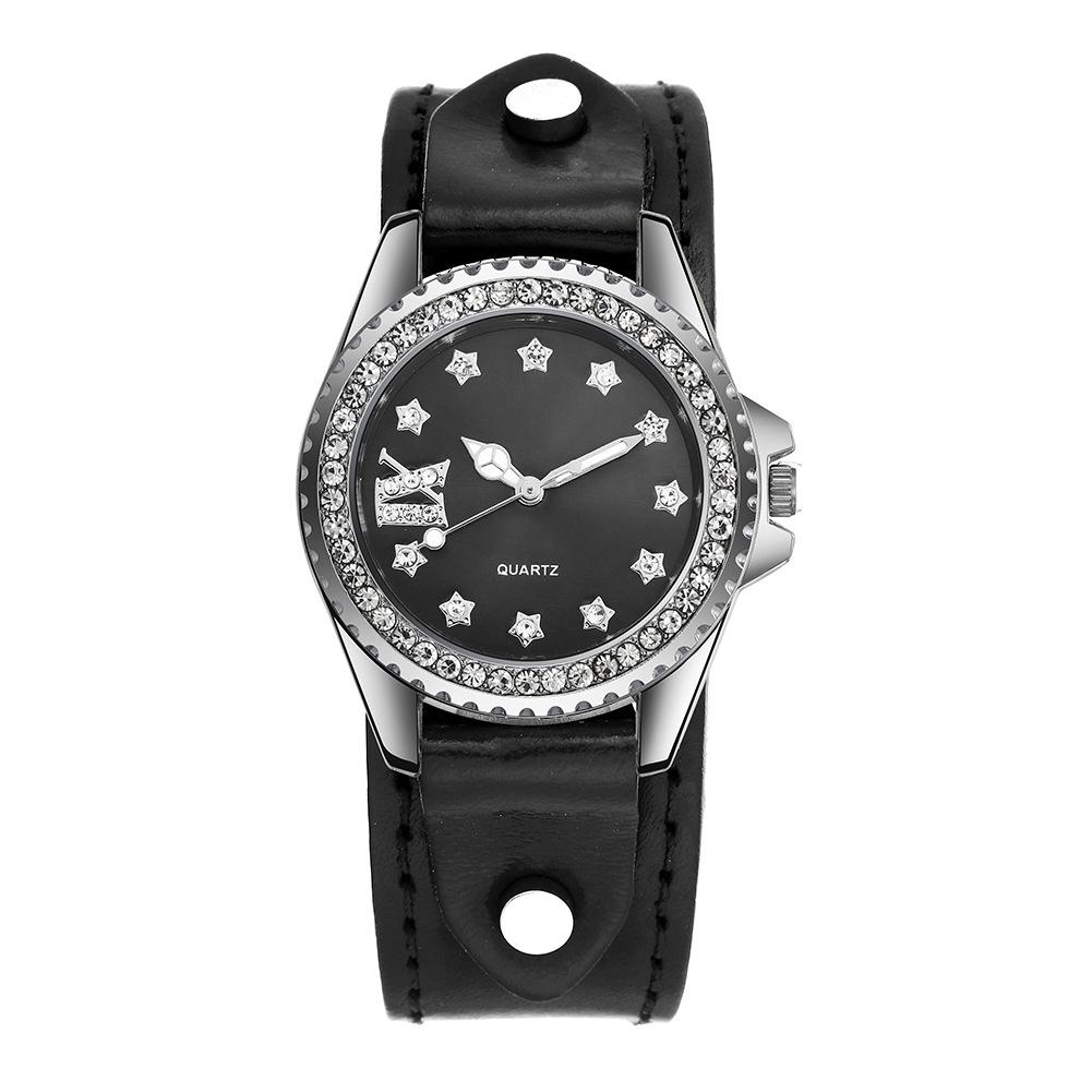 Trendy Rhinestone Ladies  Quartz Wristwatch with Cowhide Strap and Alloy Case чёрный