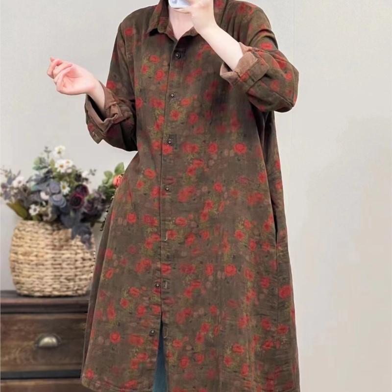 

Johnature Autumn Woman Однобортная льняная рубашка с цветочным принтом Винтажные свободные повседневные рубашки средней длины