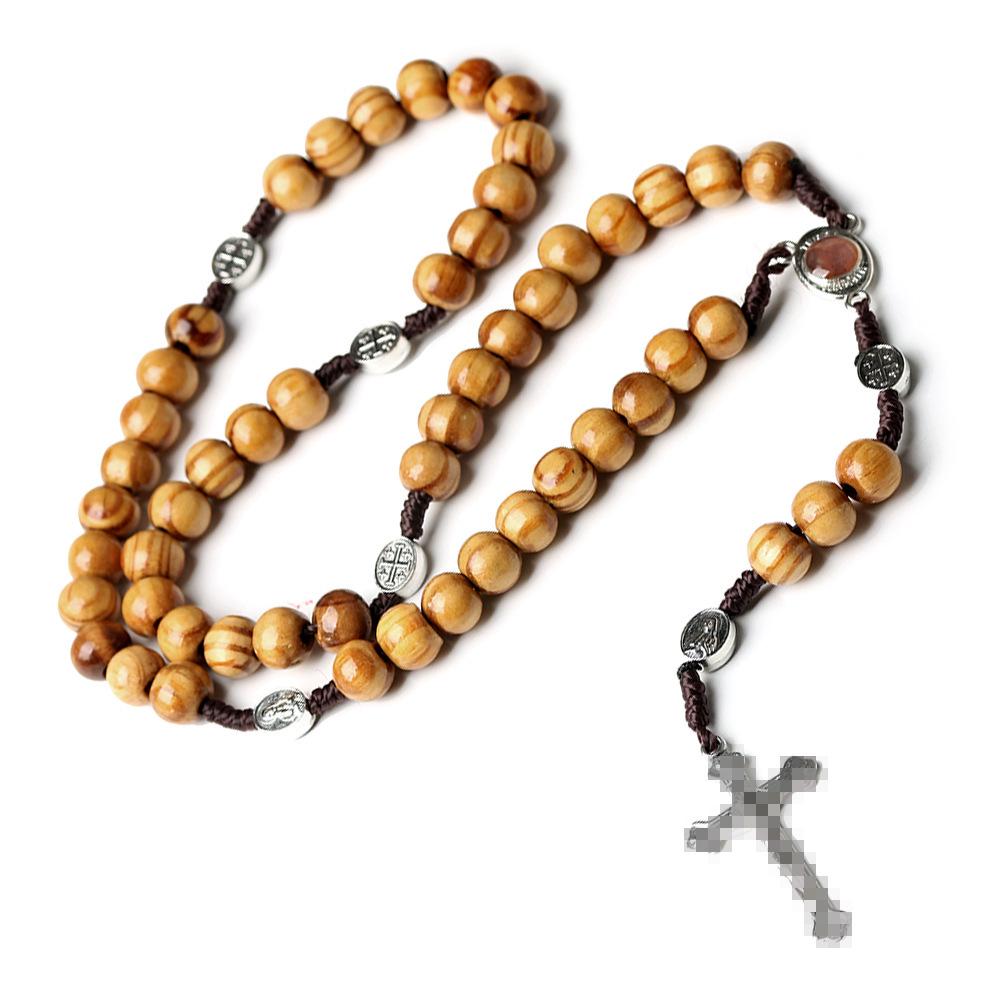 Natural Pine Wood Bead Rosary with Holy Land Pendant & Cross