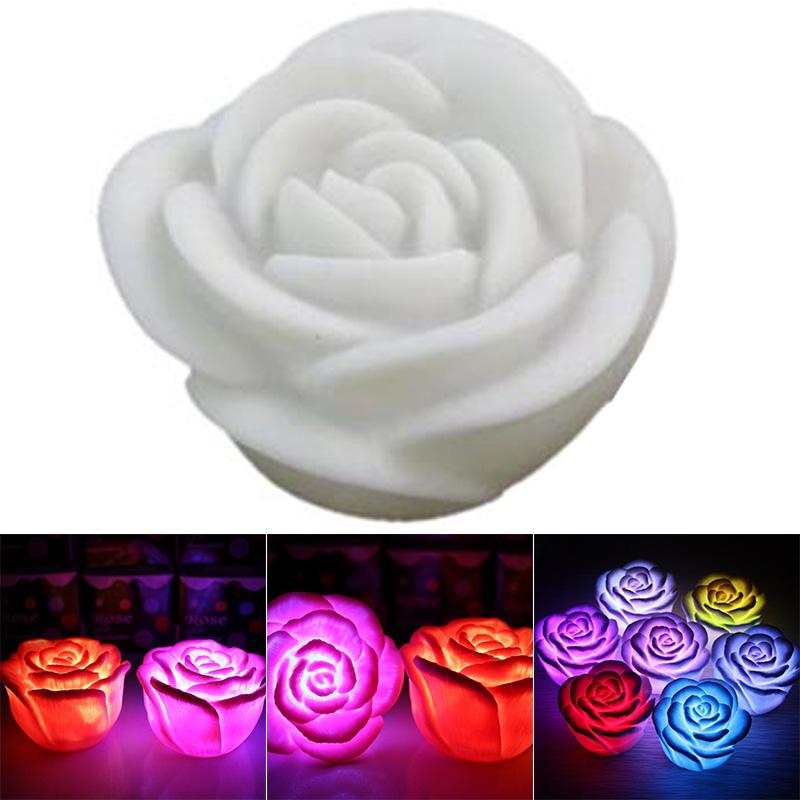 Romantic LED Floating Rose Flower Candle Night Light 7 Colors Changing Colorful Wedding Decoration Bedroom Party Indoor Decor