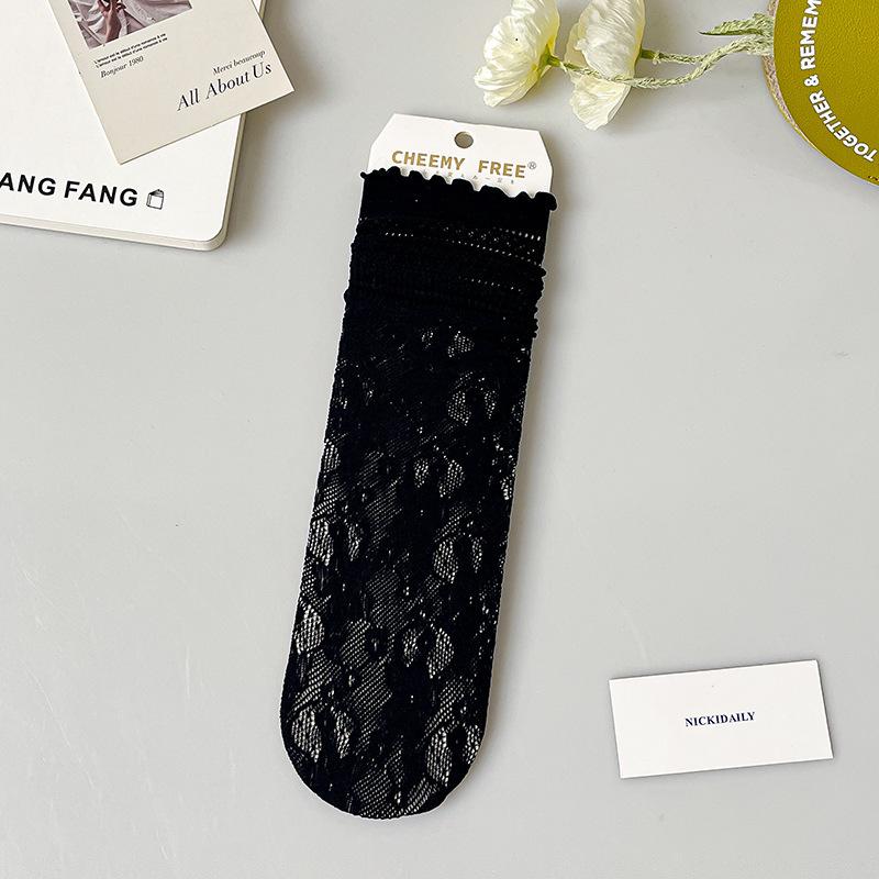 Slim-fit Breathable Plain-color Mid-calf Socks with Cute Lace Trim, Versatile and Durable Women's Socks