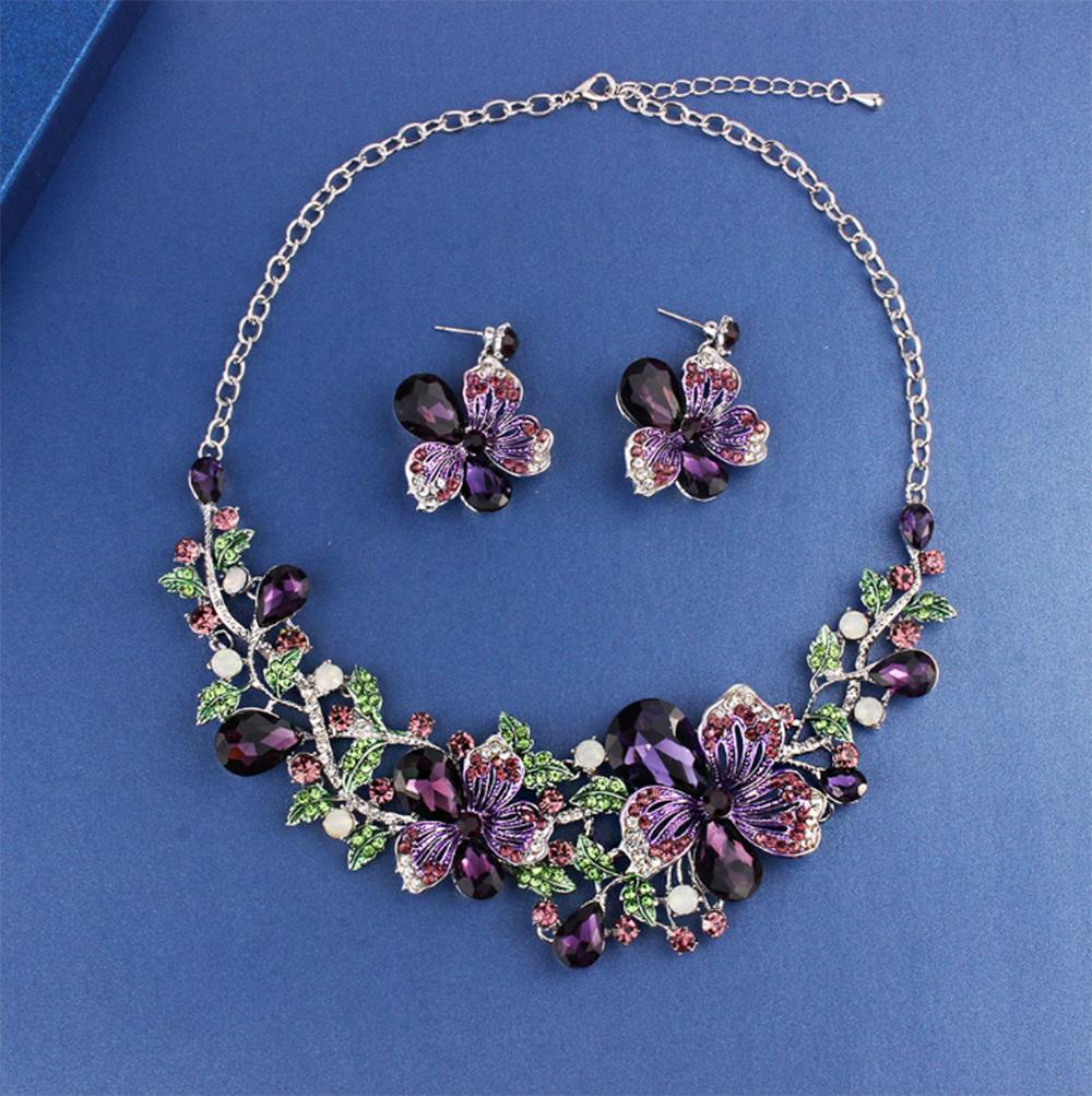 Bauhinia Flower Crystal Jewelry Set Multicolor Earrings Necklace Wedding Women Accessory