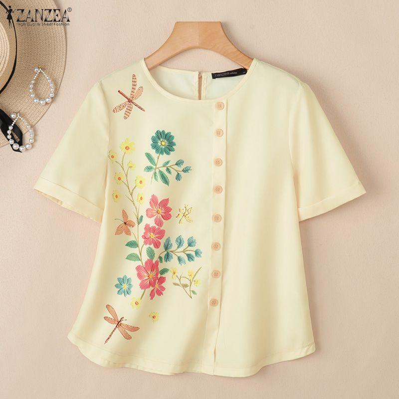 ZANZEA Women Casual Floral Print Round Neck Short Sleeve Blouse