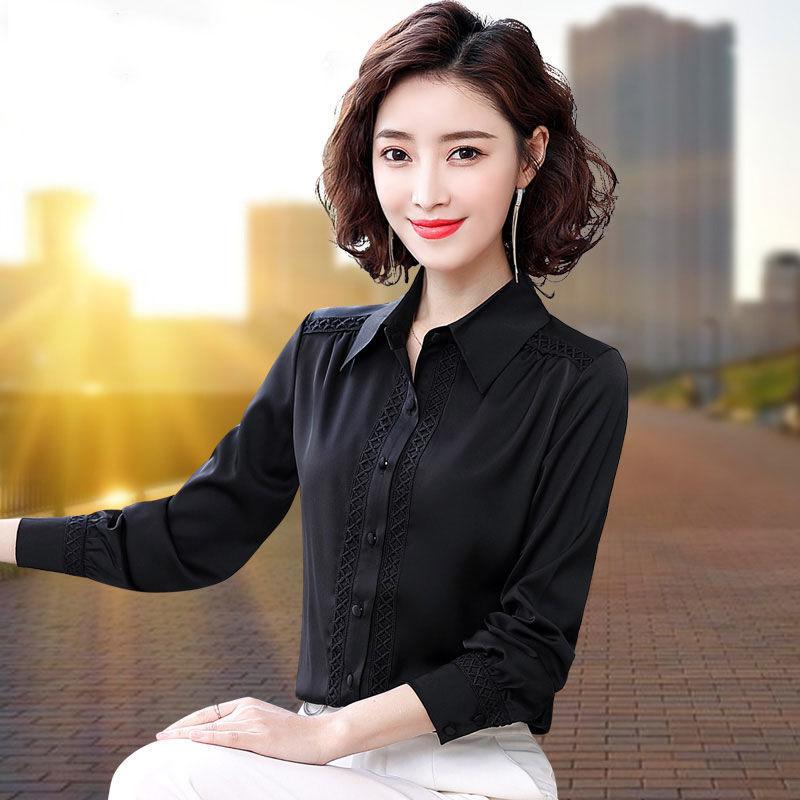 

Весна Осень Рубашки Для Женщин Элегантные Повседневные Офисные Дамы Топы С Длинным Рукавом Винтажные Блузки Женские Рубашки XS чёрный