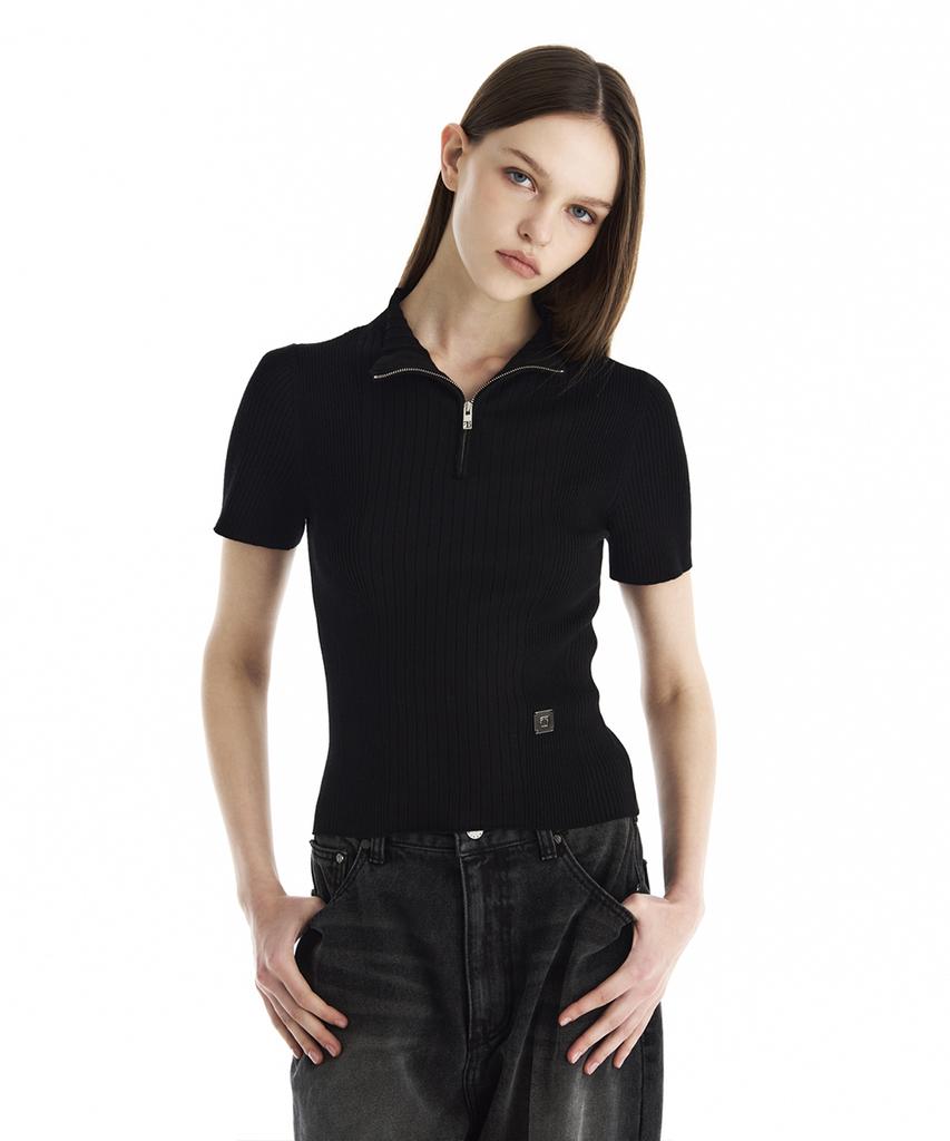 Teulimingbeodeu Ribbed Half-Zip Knit Top [ Black ]