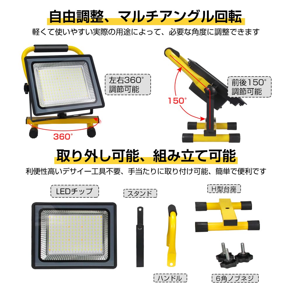 shineshare LED Floodlight Work Light, 200W, Large Capacity, USB Rechargeable, Portable, High Brightness, Daylight Color, RedBlue Flashing, IP65