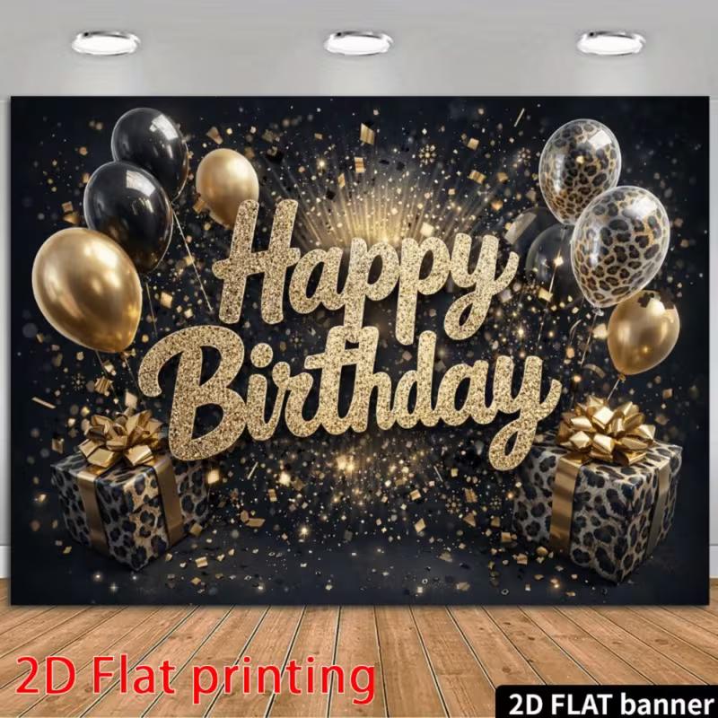 2D Flat Printing Black Gold Glitter Happy Birthday Party Photo Booth Background Cloth