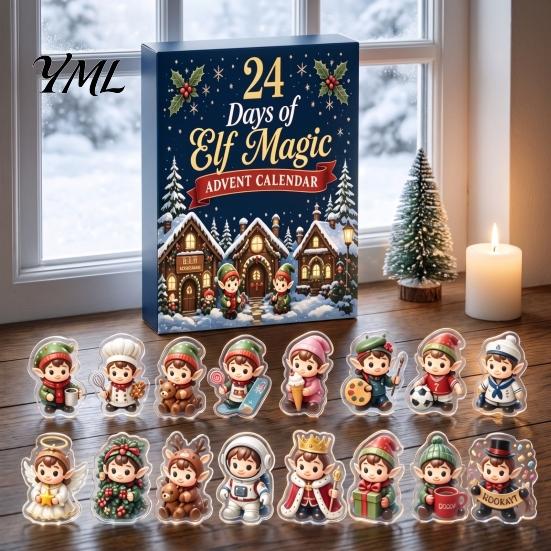 Winter Village Theme Gift Box Magic Elf Advent Calendar, 24 Day Acrylic 2D Ornament Set with Christmas Ornaments Cute Mini Figures, Tree Hanging