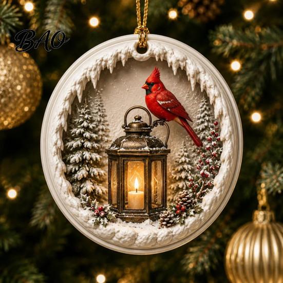 Warm Companionship Winter Decor 2 Pcs Red Bird Christmas Ornaments, 2D Round Acrylic Snowy Scene Thoughtful Presents for Friends Xmas Tree Hanging