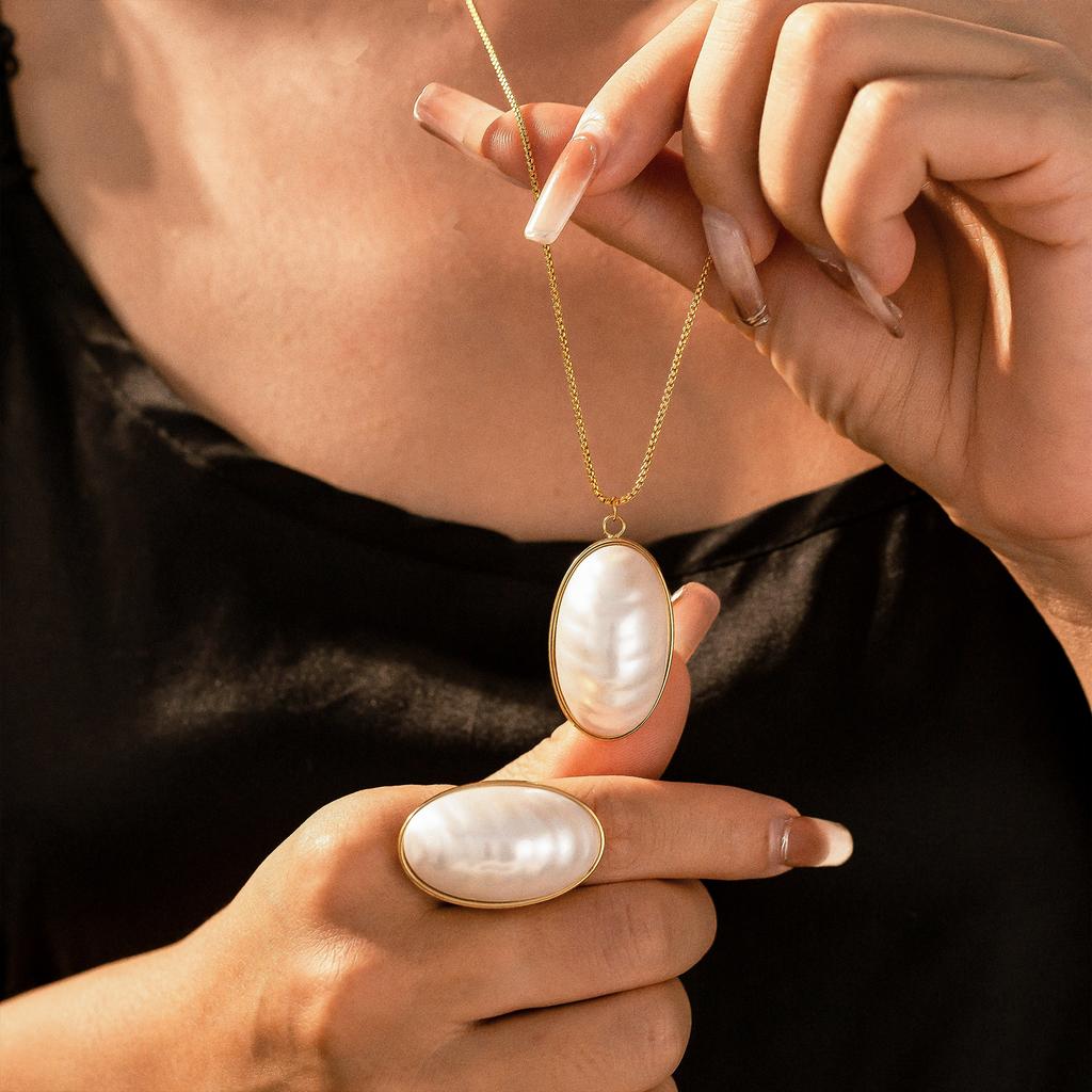 Oval Shell Pendant Necklace Open Ring Stud Earring For Women 18k Gold Plated Stainless Steel Chain Necklaces Rings Earrings Sets