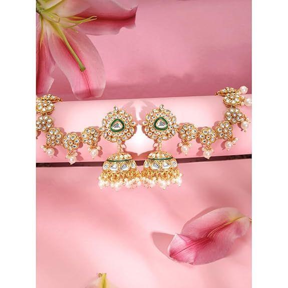 

Позолоченные 22 карата серьги-кан-цепочки с кунданами, бусинами и зеленой эмалью - Длинные серьги-цепочки для женщин и девушек