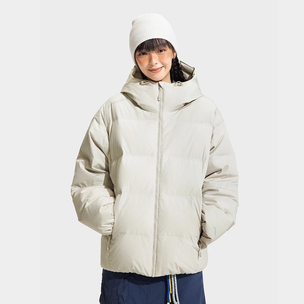 Li Ning CF Outdoor Series Solid Color Casual Loose Fit Hooded Short Zipper Down Jacket Unisex Outerwear White AYMV157-1