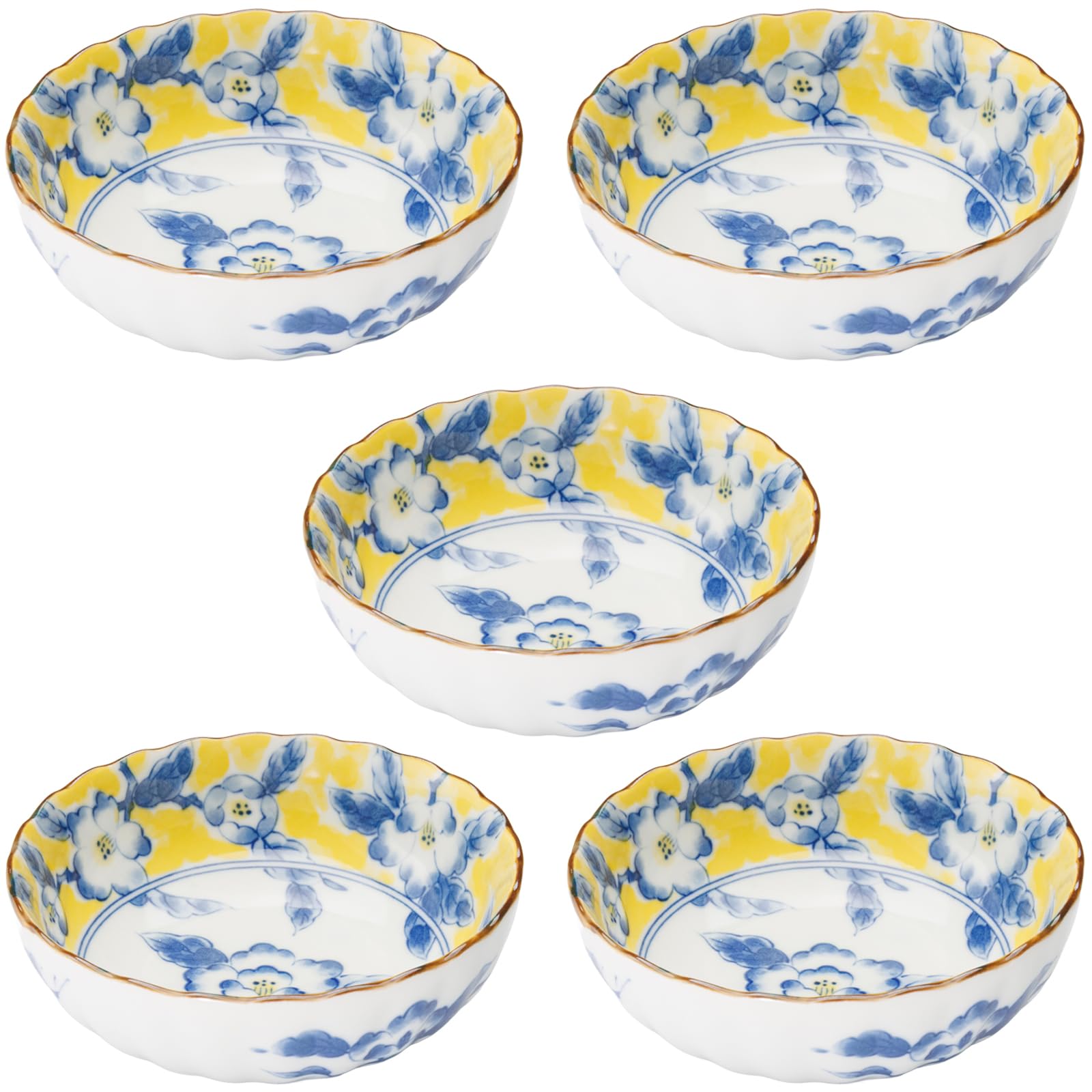 

Набор столовой посуды Mino Ware с цветочным рисунком из маленькой, средней и чаши тобико 14 см, для микроволновой печи и посудомоечной машины, сделано в Японии, номер продукта 564606, Желтый узор , 5, чаша, чаша, синий