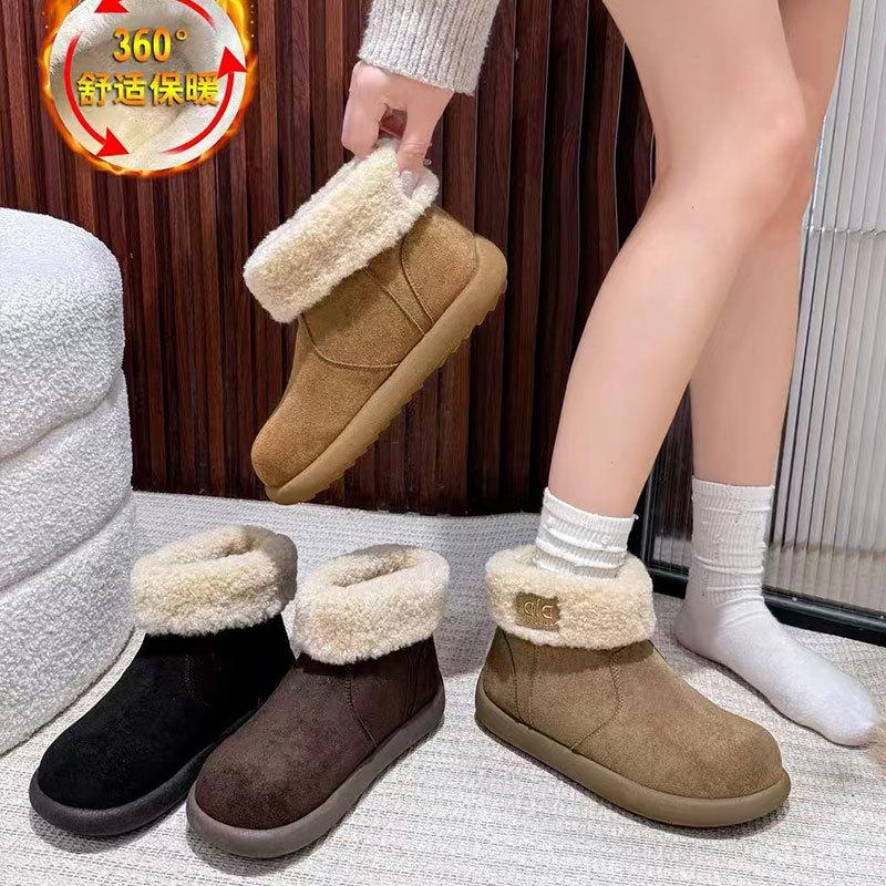 Real fur integrated thick-soled snow boots for women's autumn and winter new velvet flat-soled short boots for women's fluffy cotton shoes