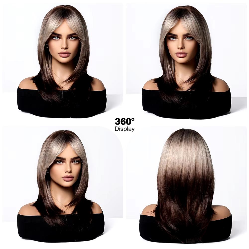 Platinum Ombre Synthetic Wigs for Women Long Wavy Silky Natural Hair Wig with Bangs Cosplay Party Heat Resistant Fake Hairs