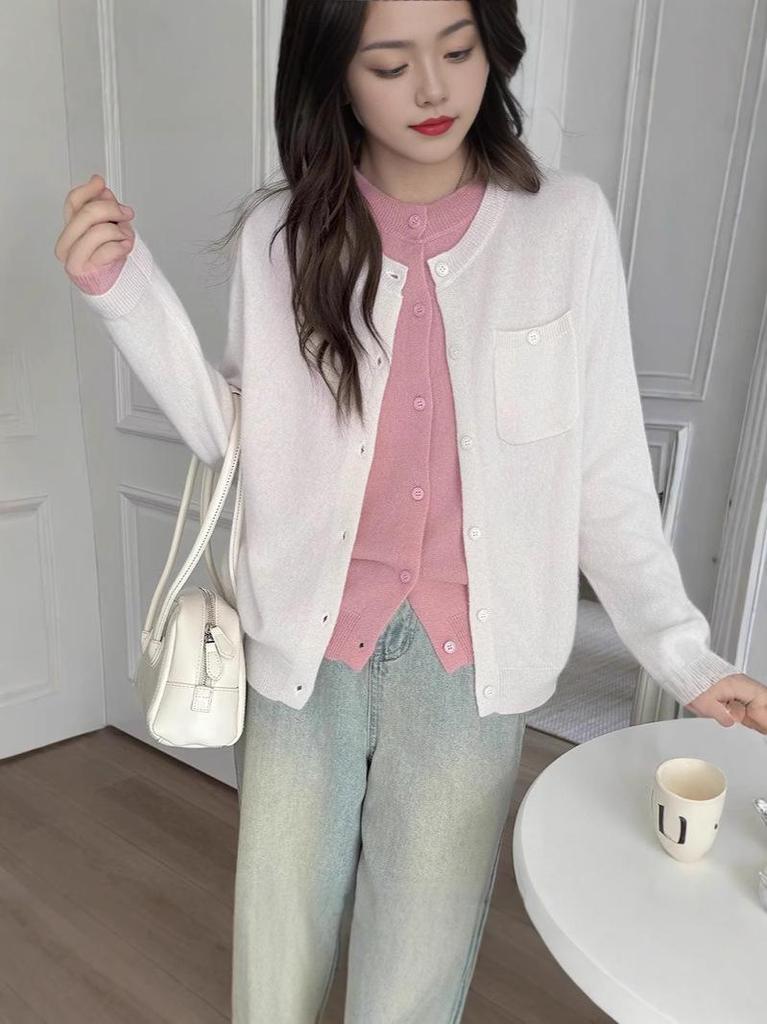 Round Neck Double-Layered Wool Cardigan for Women, 2024 Autumn/Winter Style, Knitted Cashmere Sweater Coat