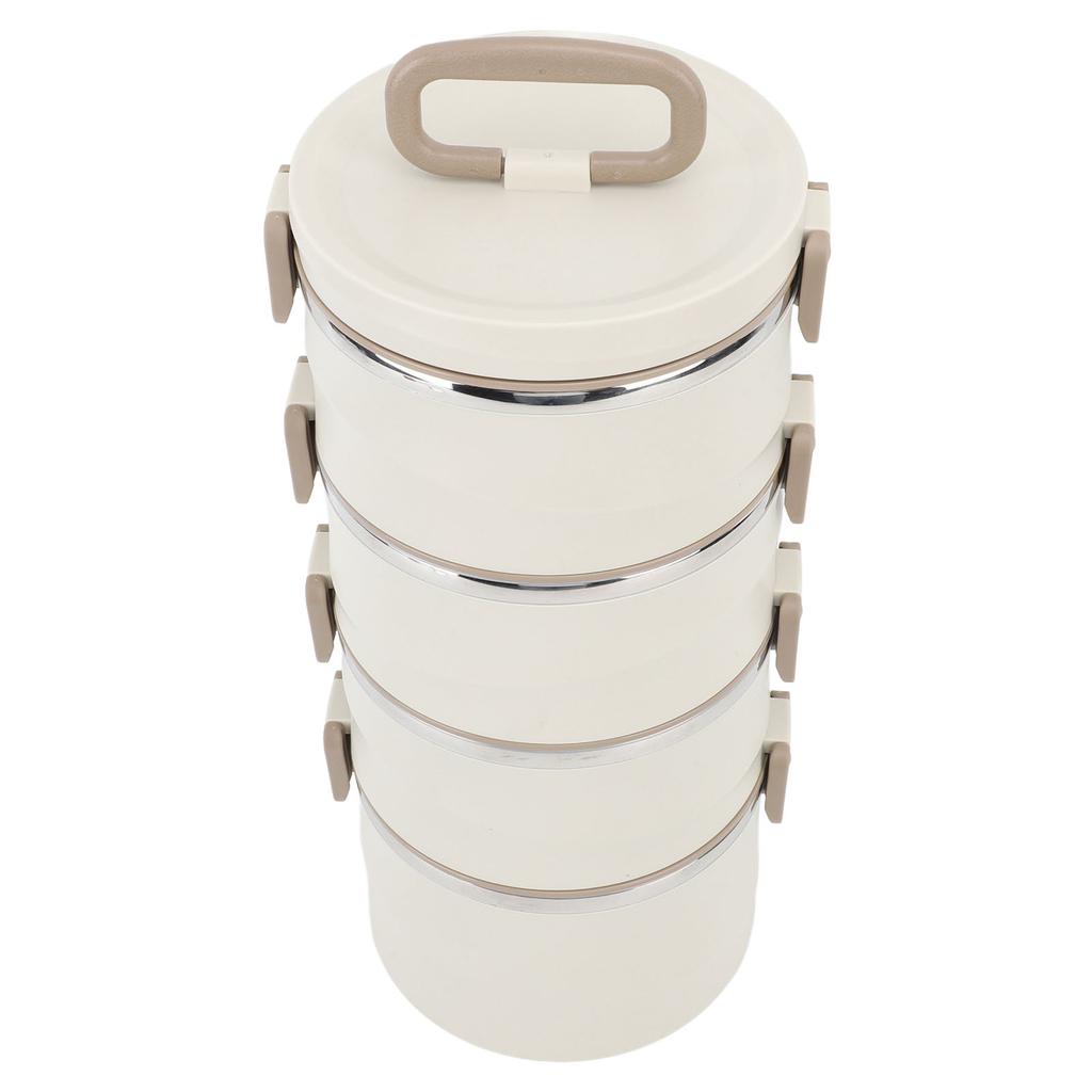 3.3L 4 Tier Insulated Lunch Box 304 Stainless Steel Food Container Round Stackable Bento Box with 2 Integral Fork Spoon