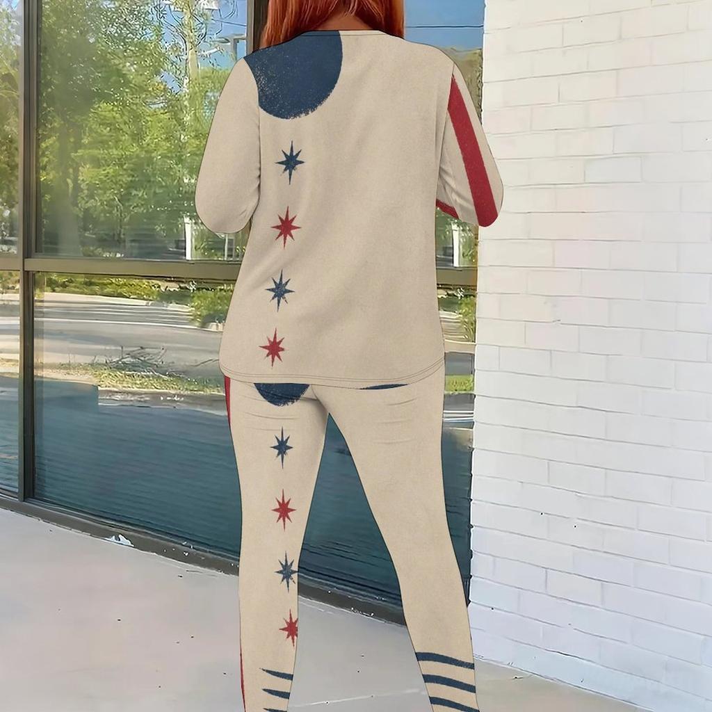 Women Plus Size Round Neck Long Sleeve Star Printed Top Fitted Pants Two Piece Set